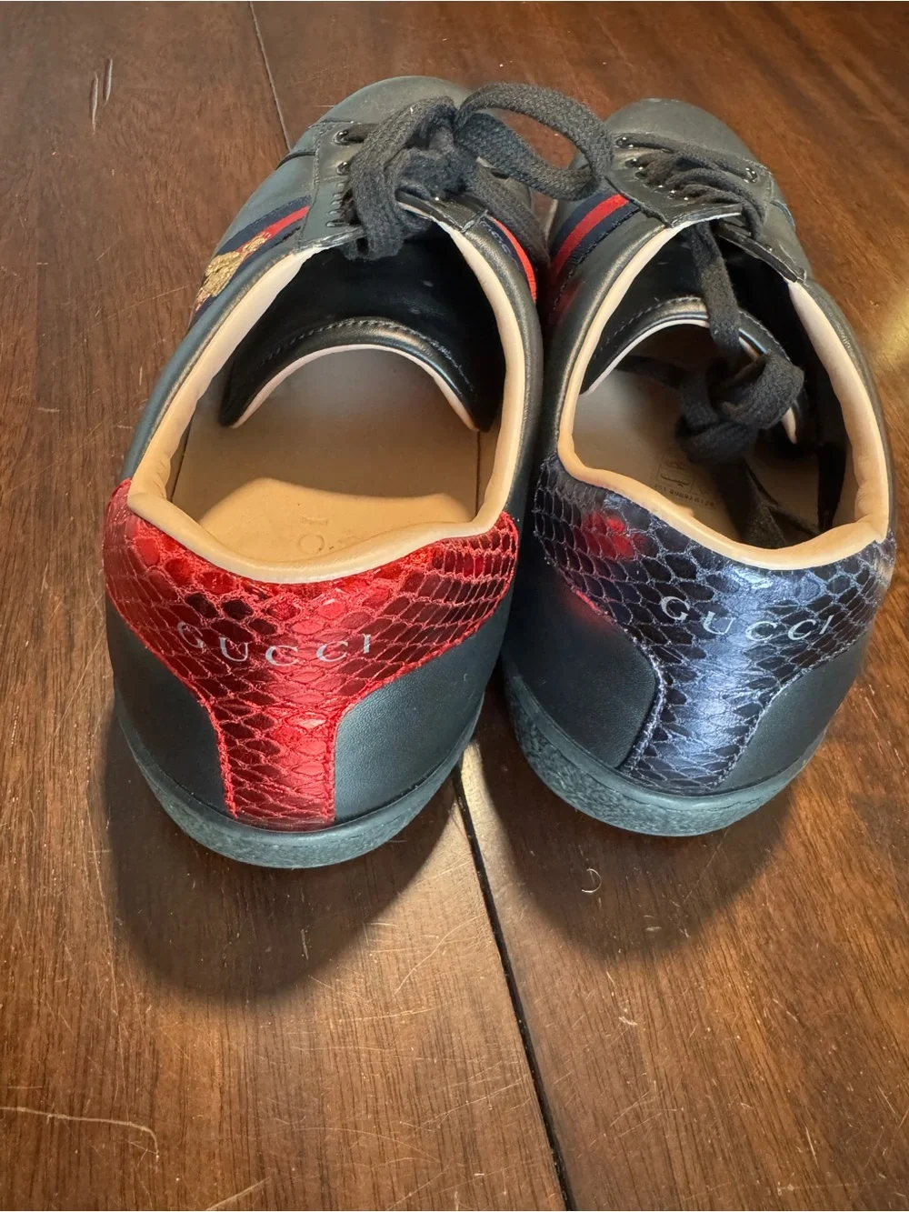 Gucci Black Leather Ace Sneaker with Red & Blue Stripe and Gold Bee